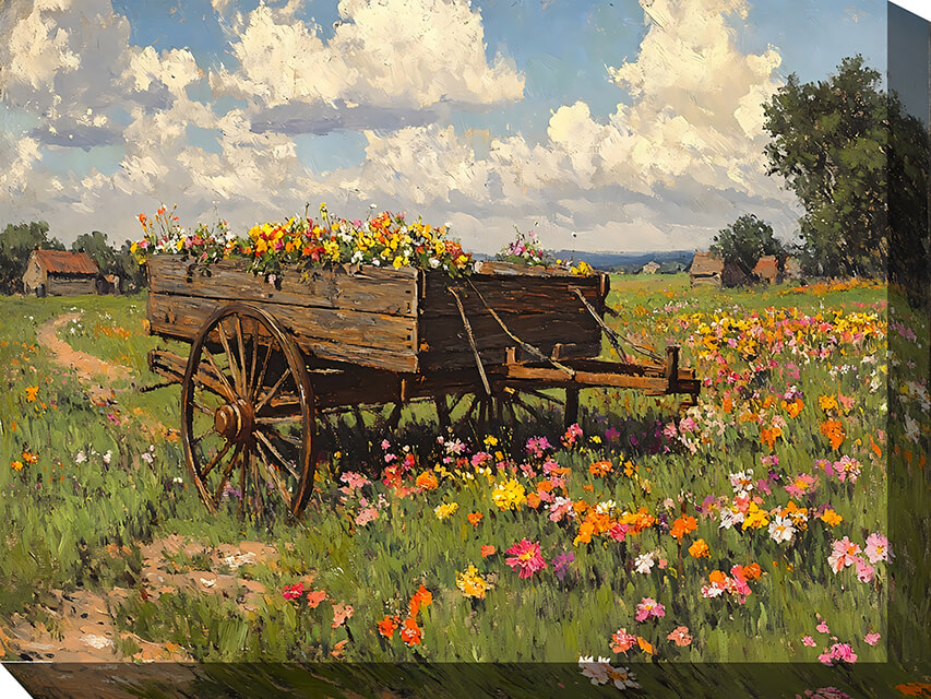 OU-89361 WAGON & WILDBLOOMS 40x30